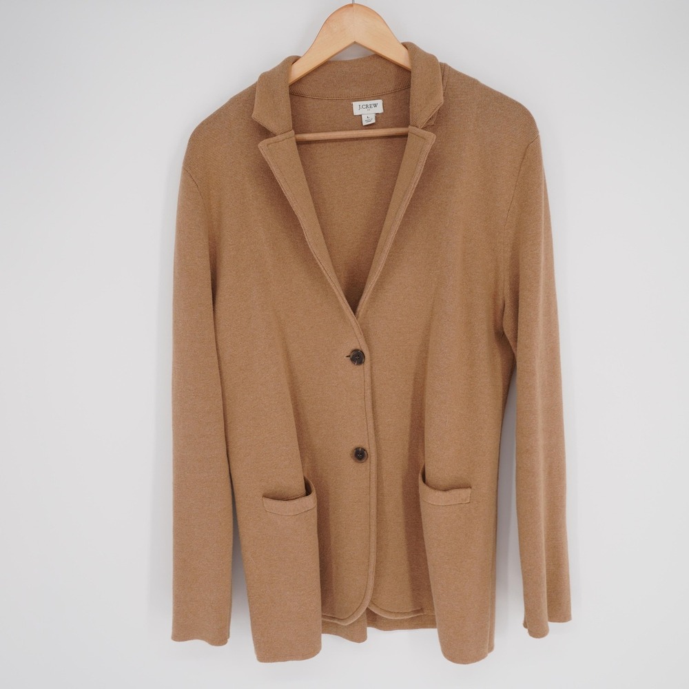 J.CREW Cardigan Blazer Womens L Beige Collared Long Sleeve Pockets 100% Cotton